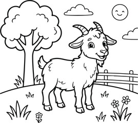 Fototapeta premium Cute cartoon goat standing in a sunny meadow with a tree and fence, coloring page for kids
