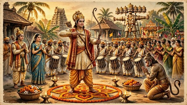Hindu festival celebration with archer hero shooting arrow at multi headed villain effigy surrounded by devotees