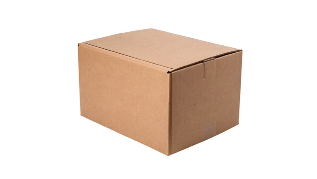Empty closed brown cardboard box packaging mockup isolated on transparent background