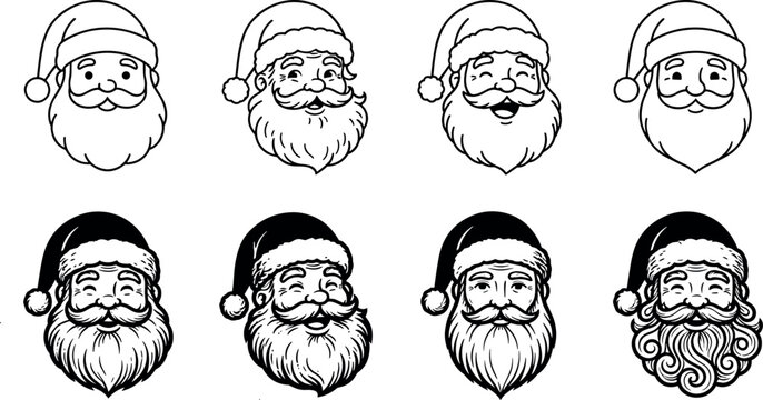 Santa Claus head design coloring page line art set with vintage avatar face emotions bearded grandfather wearing hat vector illustration