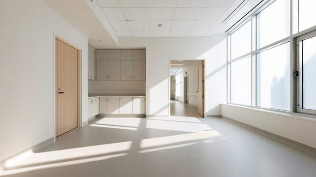 Empty clinical room with cabinets in modern medical facility