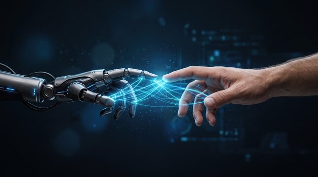 Conceptual image of human hand touching robotic finger with glowing blue energy sparks symbolizing artificial intelligence connection, human machine interaction, future technology