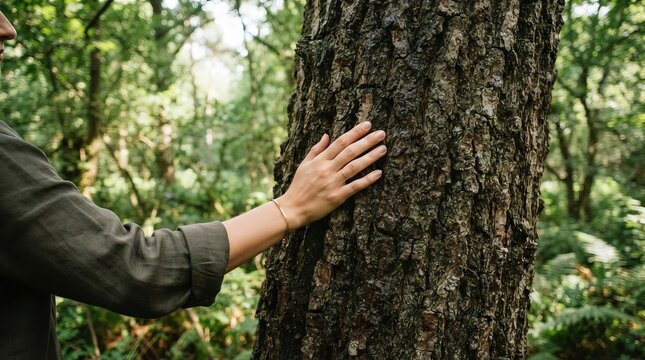 Person Touching Rough Textured Bark Of Large Ancient Forest Tree Symbolizing Nature Connection