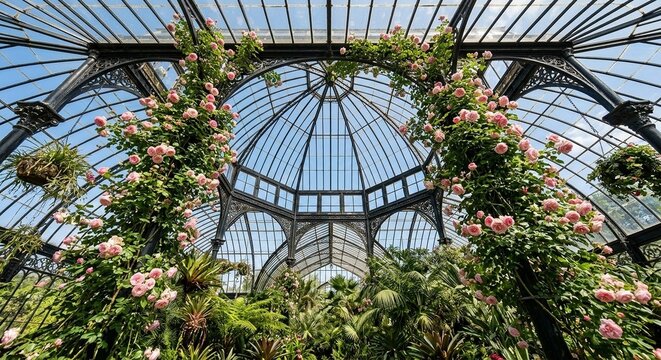 Interior of a classic Victorian greenhouse filled with climbing pink roses and tropical plants