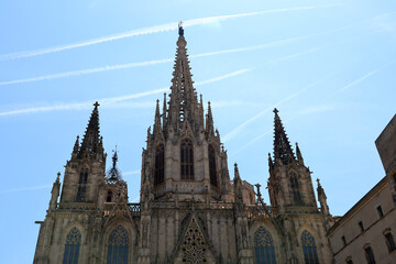 Fototapeta premium Gothic facade of the Cathedral of Barcelona- Metropolitan Cathedral Basilica of the Holy Cross and Saint