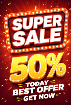 Bright and colorful super sale banner with fifty percent discount offer sign and confetti background
