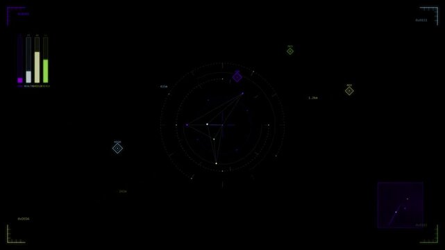 Futuristic holographic interface with circular radar and bar charts in space