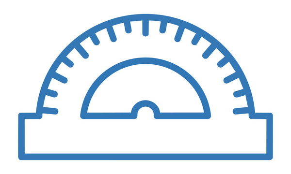 Blue line art semi-circular protractor icon with angle tick marks isolated on a white background, geometry and measurement concept