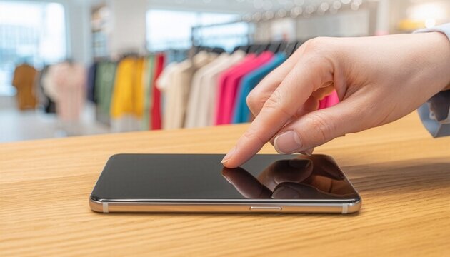 Hand tapping a blank smartphone screen on a wooden checkout counter in a modern clothing boutique