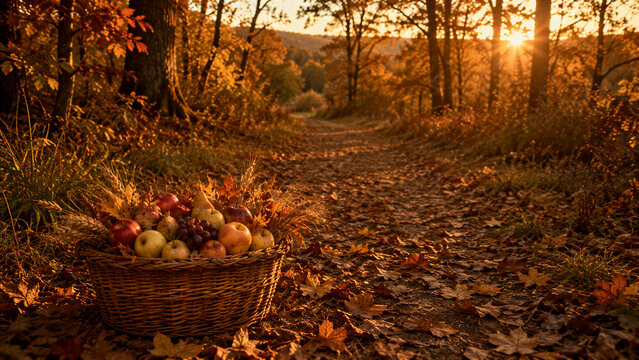Wicker basket with apples and harvest fruit on autumn forest path at sunset. Mabon and autumn equinox celebration concept. Thanksgiving abundance and gratitude ritual in golden woodland