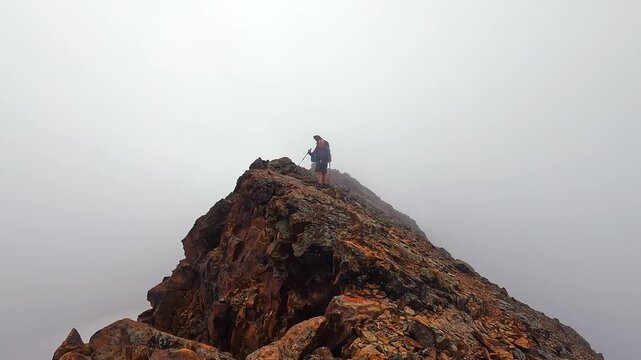 Hiker crosses narrow ridge, long shot in dense fog above rocky terrain in Svaneti, Georgia, illustrating low-visibility navigation, changing mountain weather and safety planning for alpine trekking