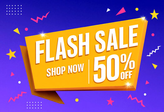 Bright flash sale banner with fifty percent discount offer and shop now text design