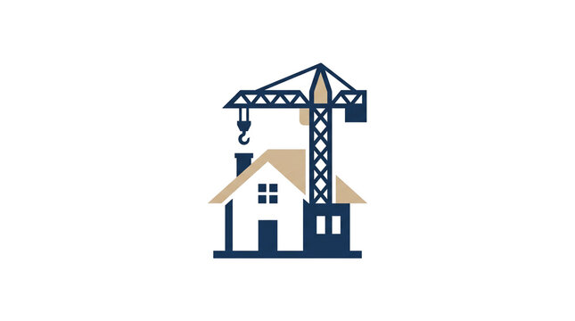 Minimalist construction crane and house logo, residential building site icon, navy blue and beige real estate development symbol isolated PNG with Transparent Background