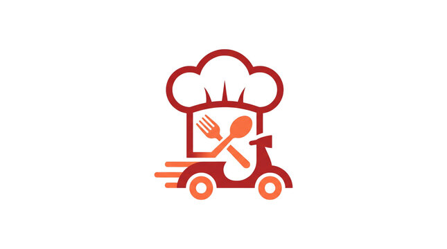 Fast food delivery logo, red chef hat and scooter icon, restaurant courier service symbol for mobile apps and branding isolated PNG with Transparent Background