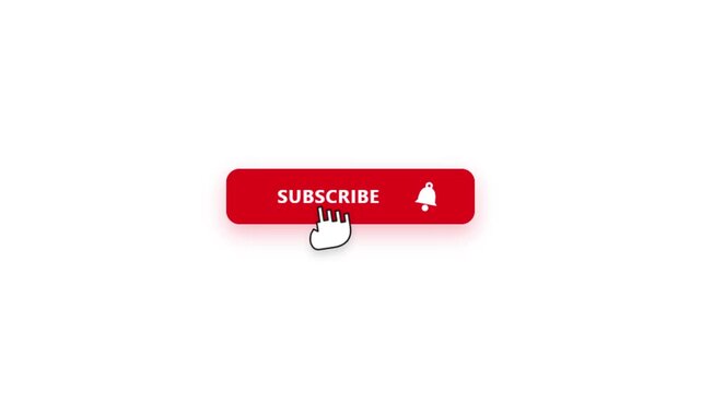Red subscribe button with bell icon and hand cursor on white background