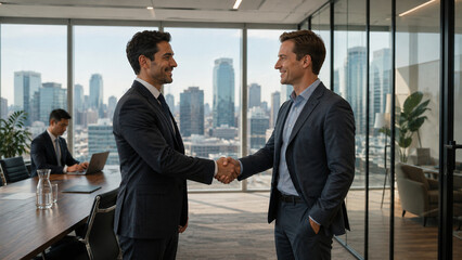 Fototapeta premium Businessmen Shaking Hands Over Contract Documents in Modern Office