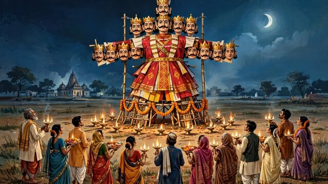 Giant multi headed royal effigy standing in open ground at night surrounded by praying people holding lamps
