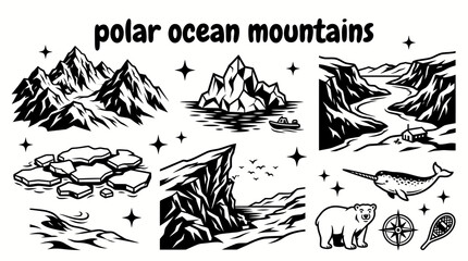 Fototapeta premium polar ocean mountain scenery featuring glacial peaks floating icebergs frozen fjords calm waters drifting ice floes snowy coastlines dramatic cliffs and untouched wilderness vector illustration set