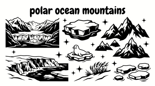polar ocean mountain scenery featuring glacial peaks floating icebergs frozen fjords calm waters drifting ice floes snowy coastlines dramatic cliffs and untouched wilderness vector illustration set