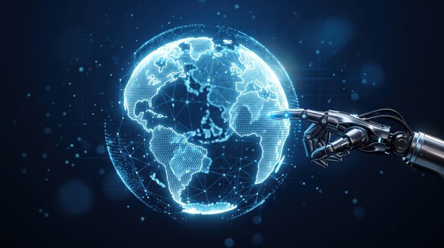 Futuristic robotic mechanical hand touching glowing digital earth globe hologram, artificial intelligence AI technology, global network connectivity data communication