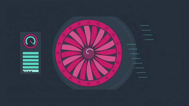 Abstract animated jet fan spool up drawn as coral and magenta lines and shapes on a deep dark background. Seamless looping 4K motion graphics video with free space for text, ideal for technology expla