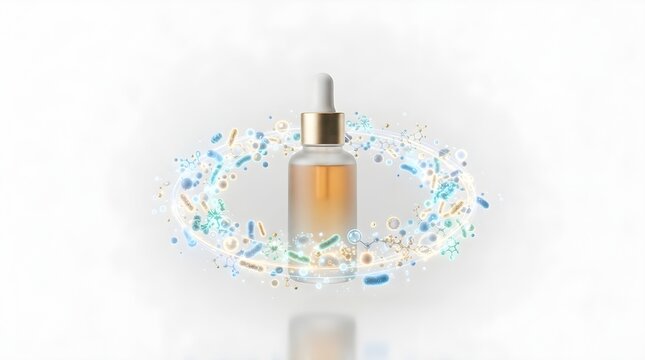 A Premium Skincare Serum Bottle Surrounded By Glowing Microscopic Scientific Biological Elements