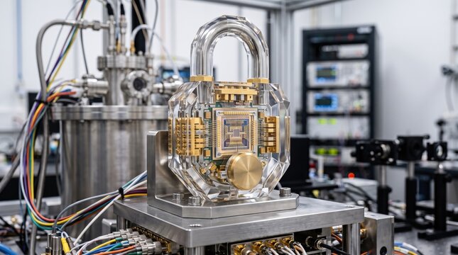A sophisticated quantum computer setup featuring intricate wiring and transparent components in a lab environment.