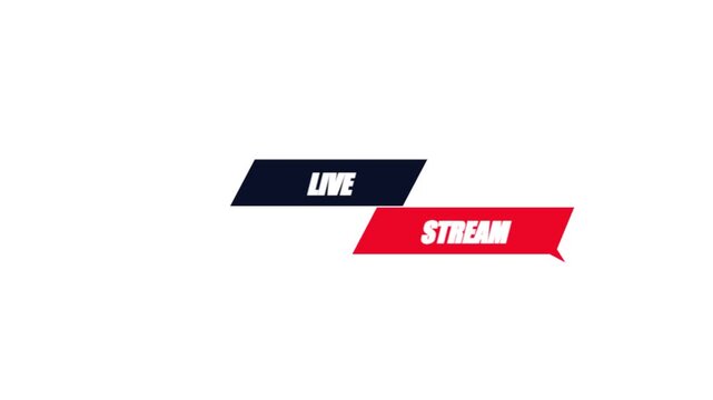 Live stream graphic overlay with red and black banners. Modern broadcast lower third for social media video. Digital streaming icon on white background.