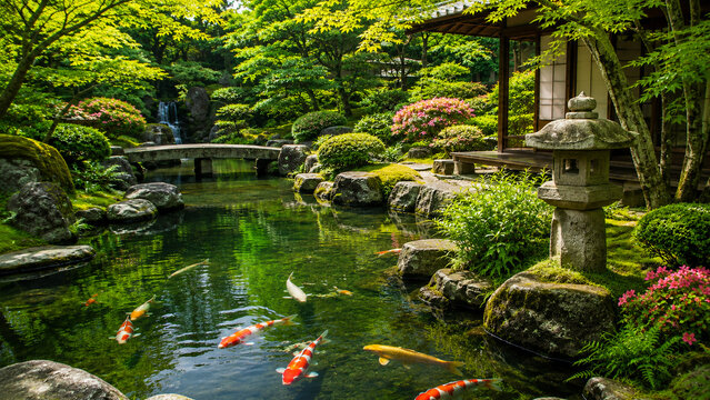 Colorful Nishikigoi Koi Fish Swimming in Clear Pond of Traditional Japanese Zen Garden with Stone Lantern and Bridge