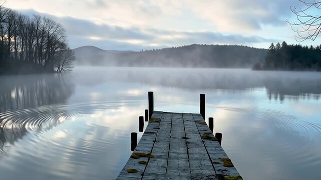 Misty morning on the lake with wooden pier: tranquility and serenity of nature on a cold autumn or winter day