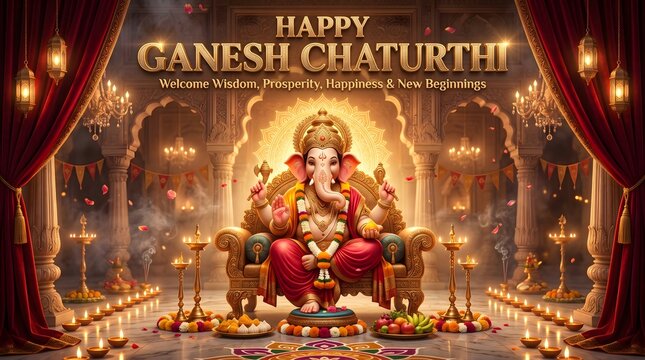 Lord ganesha sitting on a throne for happy ganesh chaturthi festival celebration