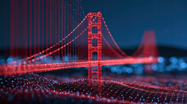 Futuristic red digital network overlay on iconic suspension bridge