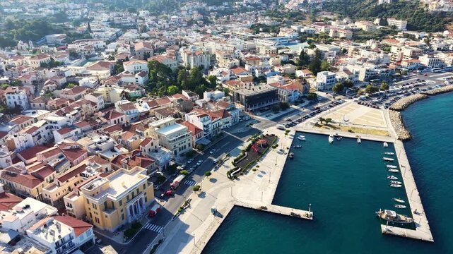 Flying over Samos town on the Greek island with the same name