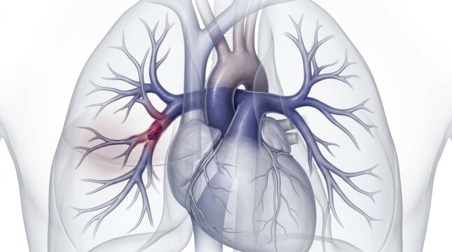 Illustration of a pulmonary embolism blocking blood flow in the lung artery