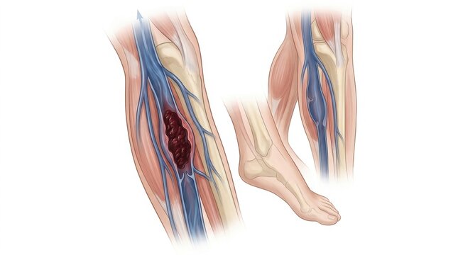 Illustration of deep vein thrombosis and a swollen vein in the leg