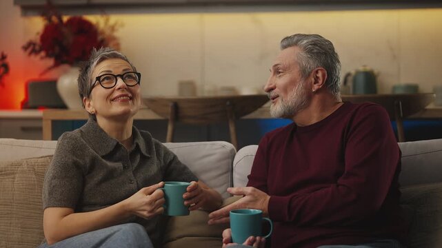 Joyful mature couple talk while drinking tea together, enjoying bonding time