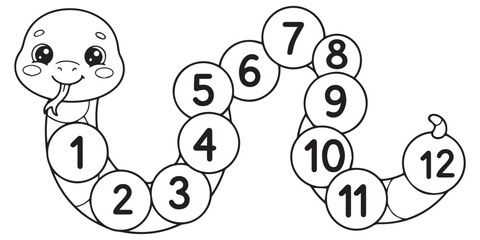 Fototapeta premium Cute Snake Number Counting Worksheet for Kids Educational Vector Illustration. A black and white educational snake illustration with numbers one to twelve for children learning to count.