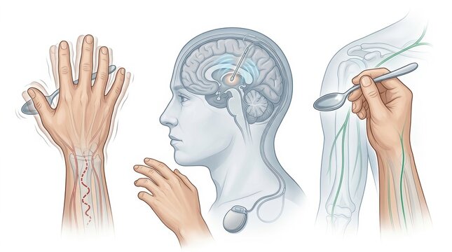 Deep brain stimulation implant helps reduce tremors in hand holding a spoon