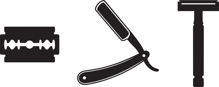 shaving razor and razor blade silhouette icon set vector illustration