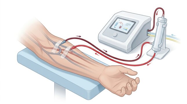 Illustration of hemodialysis machine connected to a patient's arm for blood purification