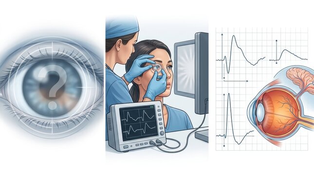 Ophthalmologist examines patient's eye with diagnostic equipment and visualizes eye anatomy