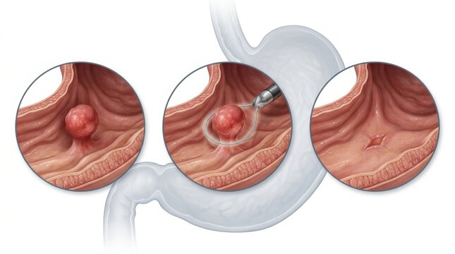 Endoscopic removal of a gastric polyp using a snare
