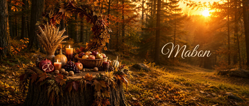 Mabon autumn equinox altar on tree stump in golden forest with harvest fruit, candle and wreath. Pagan sabbat celebration of gratitude and abundance at sunset Banner with copy space