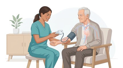 Fototapeta premium Nurse checks elderly man's blood pressure with a digital monitor in a clinic setting