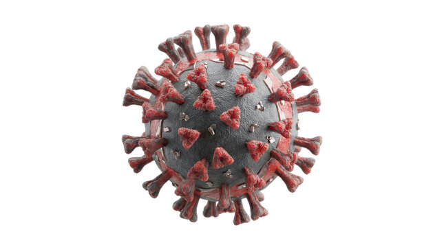 A three dimensional render of a red and black coronavirus structure with surface spikes.