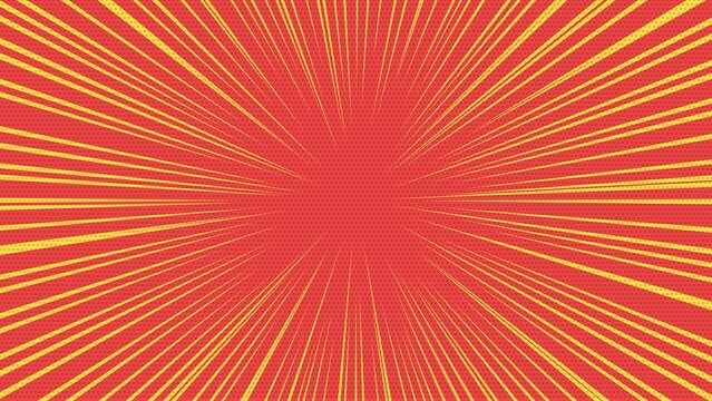 Red and yellow comic book style sunburst background with radial speed lines pattern.