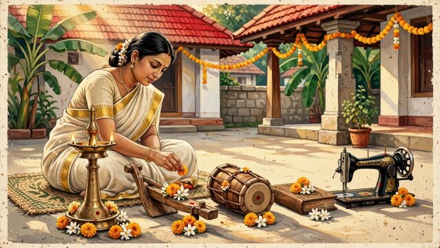 Indian Woman Celebrating Vijayadashami Festival with Traditional Rituals and Instruments