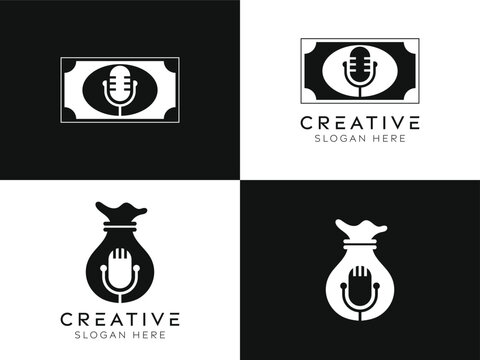 Set of money podcast logo design templates. Isolated modern money with mic elements designs in black and white.