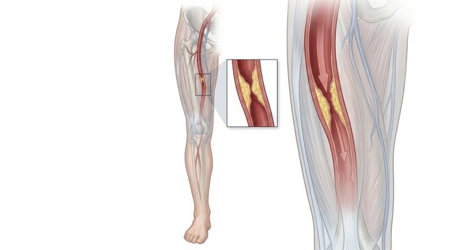 Illustration of atherosclerosis narrowing the femoral artery in the leg