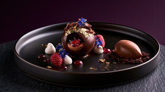 Rich chocolate sphere dessert with berries, gold leaf, and ice cream (1)